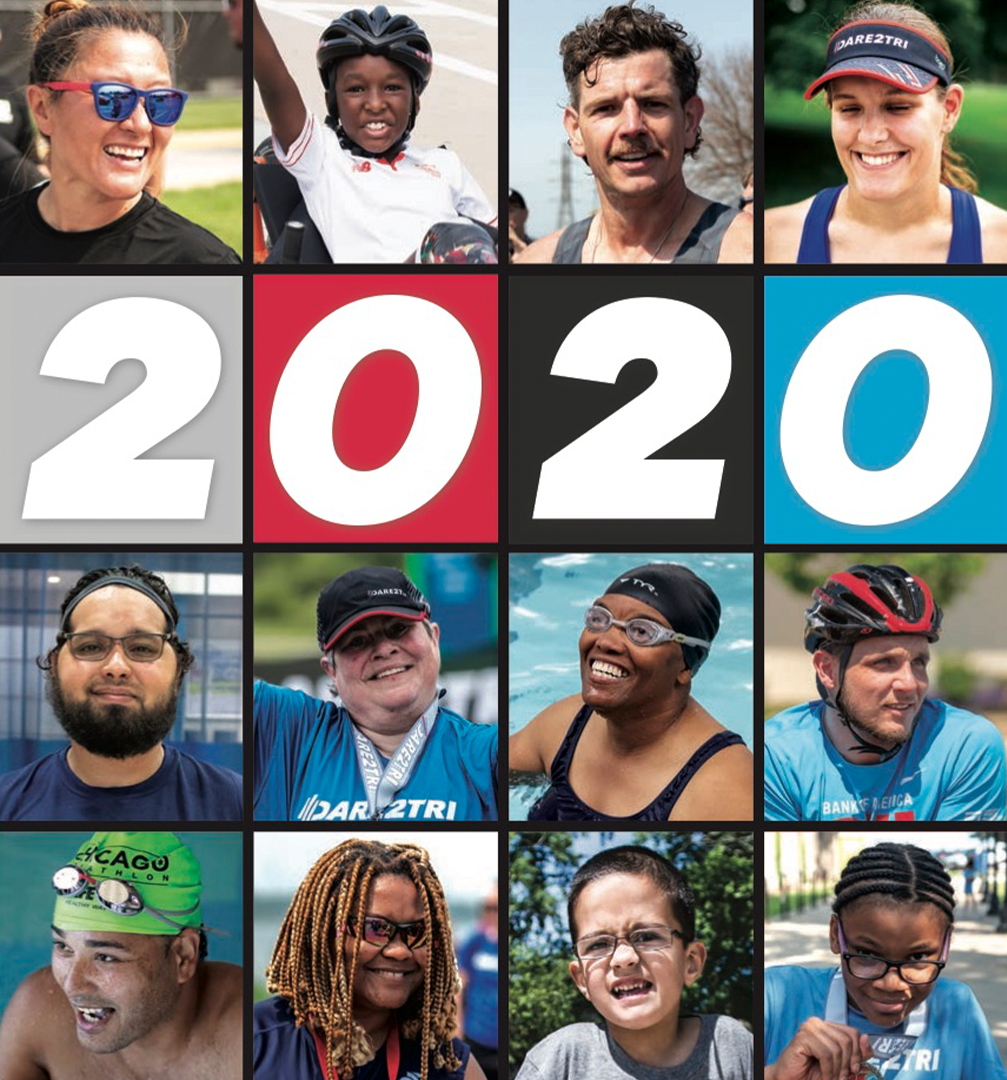 A grid featuring 12 Dare2tri athletes and the number '2020'