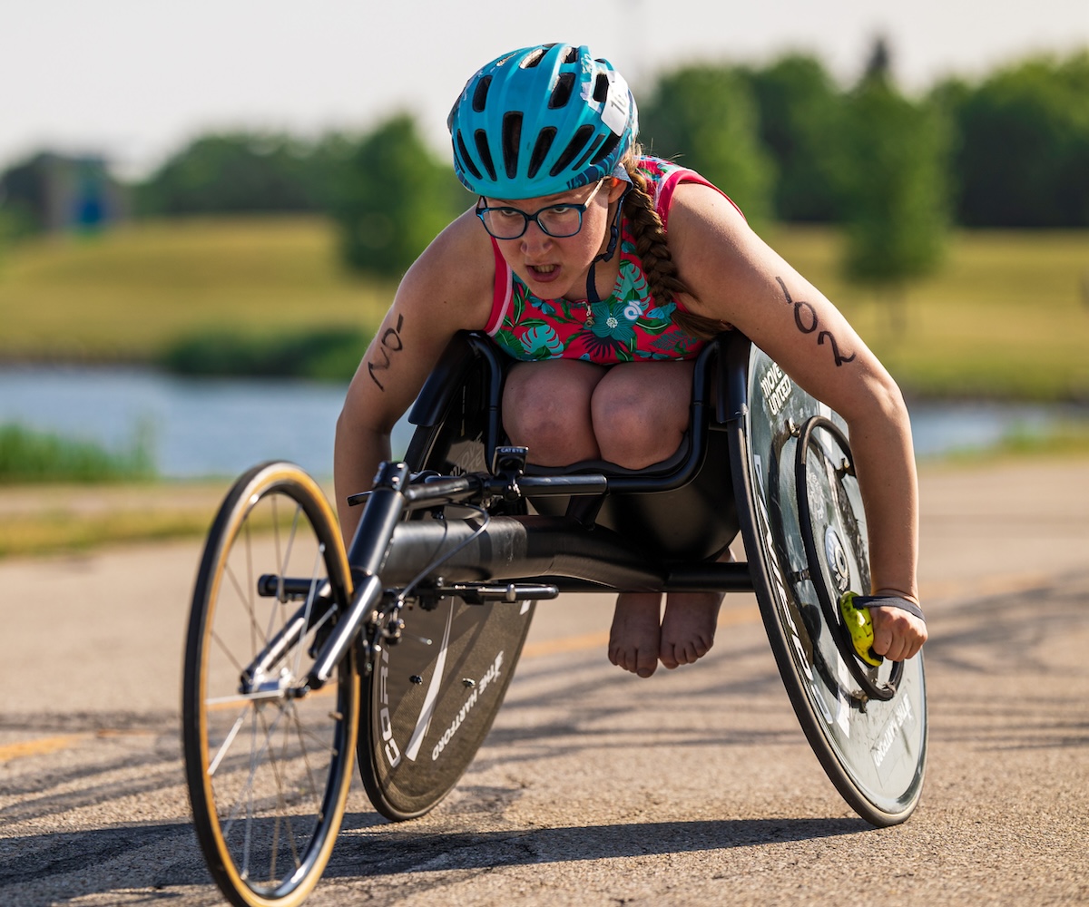 Isabelle Hogness in a racing chair.