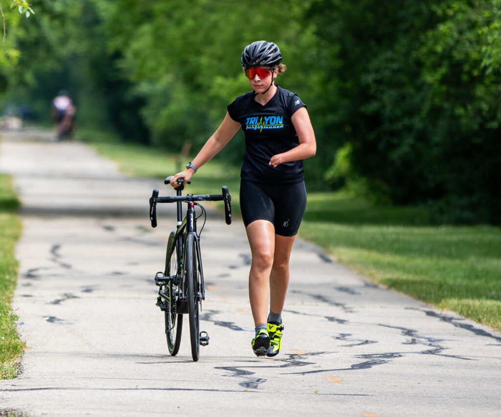 Virginia Ogburn practicing bike transition.